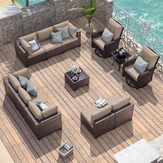 ALAULM 12 Pieces Patio Furniture Set with 2 Swivel Chairs Wicker Patio Conversation Set, Outdoor Sectional Furniture w/Coffee Table & Washable Seat Cushions-Sand