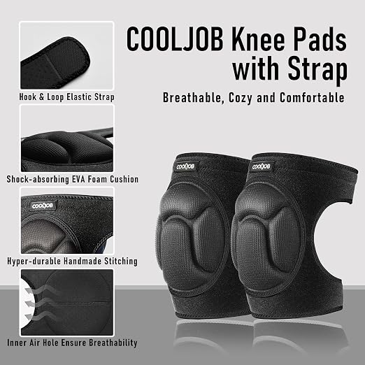COOLJOB Men Women Knee Pads for Gardening House Working, Floor Cleaning and Construction, Durable Breathable Kneeling Cushion with Thick EVA Foam Padding and Adjustable Non-Slip Straps 1 Pair Black