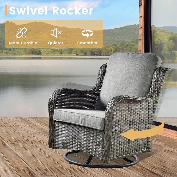HOOOWOOO Outdoor Patio Furniture Set with Fire Pit 10 Pieces Patio Set with Fire Pit Wicker Outdoor Furniture with Fire Pit Table Set Patio Conversation Set with Swivel Chairs,Dark Gray