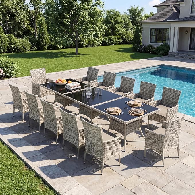 15-Piece Patio Dining Set, Patio Furniture Set with Square Tempered Glass Table & 12 Wicker Chairs, Expandable Design for Larger Groups, Outdoor Furniture for Backyard, Deck, Garden, Beige