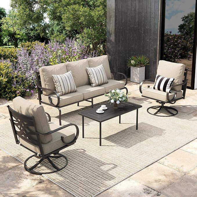 Sophia & William Patio Conversation Set for 5, 3-Seater Sofa, 2 Swivel Chairs and a Coffee Table, Metal Outdoor Furniture with 5.75" Extra Thick Cushion, Beige