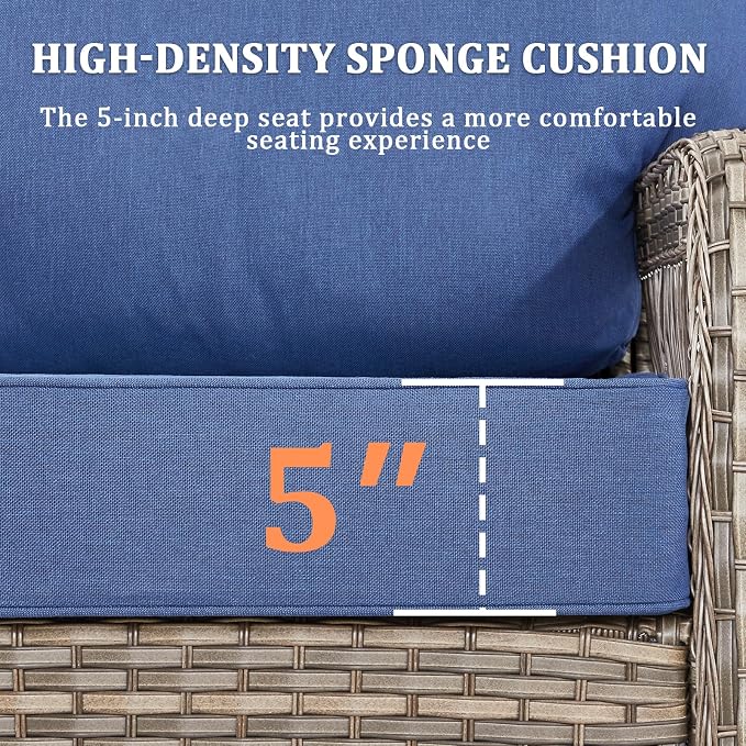 5 PCS Patio Furniture Set Outdoor Sectional Sofa Couch with Rocking Swivel Chairs 5" Deep Seat Chairs, Modern Wicker Rattan Conversation Set, Blue/Gray Wicker