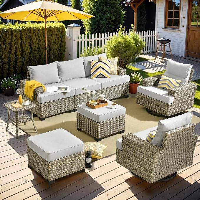 Patio Outdoor Furniture Set - All Weather Wicker Modular Sectional Sofa Couch,Patio Seating Outdoor Conversation Sets for Deck Yard Garden (Grey, 8 Pcs w/Swivel Glider)