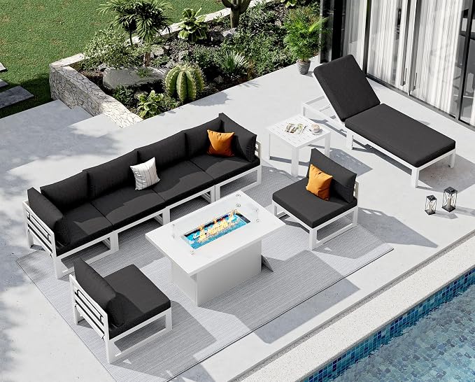 NICESOUL 7 People Large Luxury Aluminum Patio Conversation Set with Lounge & Fire Pit Table, 29" Deep Wide Modular Sectional Couch, 500 lbs Heavy Duty All Weather Outdoor Sofa for Poolside Yard, Black