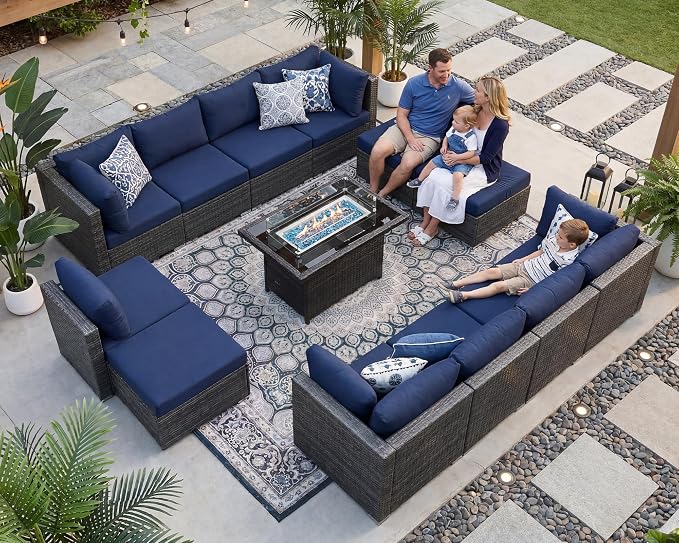 NICESOUL 13 Piece Patio Furniture w/Fireplace, Elegant Outdoor Seating w/Firepit, XL Size 29.3'' High Back Sectional Sofa, All-Weather Rattan Deck Couch, Modular Sturdy Conversation Set, Gray & Blue