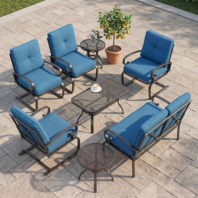 Oakcloud 8Pcs Metal Outdoor Furniture Patio Conversation Set (4 Spring Chairs, Loveseat, Bistro Table, 2 Coffee Tables) - Wrought Iron Patio Chair Set with Cushions (Blue)