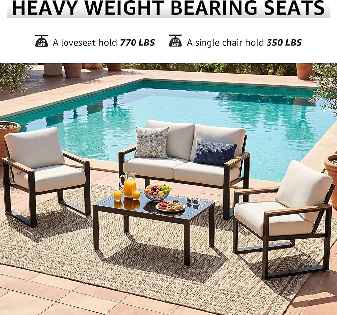 NATURAL EXPRESSIONS 4 Pieces Patio Furniture Sets,Metal Outdoor Patio Furniture Sets,Outdoor Sectional Patio Conversation Set,Wooden Anti-Scald Armrest,Sling Mesh,4" Olefin Cushions
