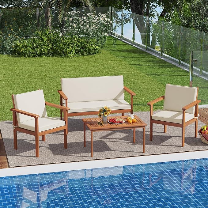 Tangkula 8 Pieces Acacia Wood Patio Conversation Set, Outdoor Wooden Cushioned Chairs & Slatted Coffee Table Set,for Backyard, Porch, Balcony, Poolside and Lawn (Off White,2)