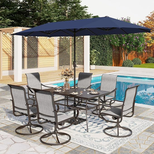 PHI VILLA Patio Dining Set with 13ft Umbrella for 6, Swivel Mesh Chairs | 59'' metal rectangular table, 6 grey outdoor textilene chairs and 13ft navy blue umbrella(NO BASE) for deck, garden, backyard