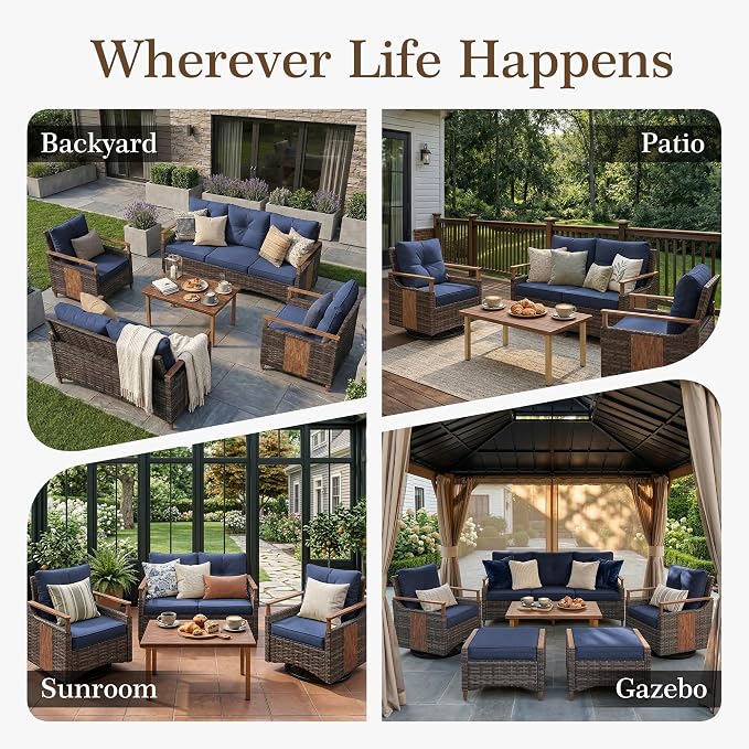 NestNook 6 Pieces Patio Furniture Set, Outdoor Conversation Set with All-Weather Handwoven PE Wicker Sofa, Rattan Chairs and Thick Cushion, Coffee Table & Ottoman for Backyard, Deck & Poolside, Blue