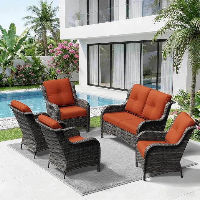 5 Piece Outdoor Wicker Patio Furniture Set, Patio Chairs Set with Thickened Olefin Cushions, High Back and Deep Seating, Hand-Woven PE Rattan for Porch, Deck