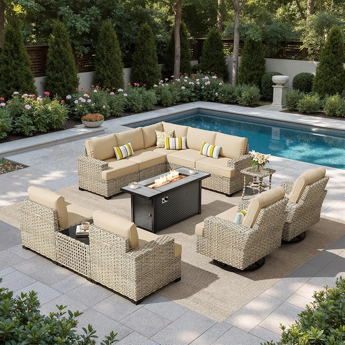 HOOOWOOO Sectional Patio Furniture Set with Fire Pit Table,12 Pieces Wicker Outdoor Furniture L Shaped Couch,Outside Conversation Set Extra Deep Sofa Wide Arm Swivel Chairs Solar Light,Beige
