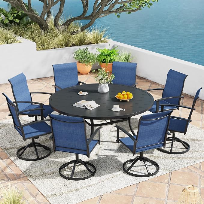 9 Pieces Outdoor Patio Dining Table Set, 60" All Weather Round Metal Table with Umbrella Hole and 8 High Back Textilene Swivel Chairs for Garden, Lawn, Poolside, Black Table & Blue Chairs