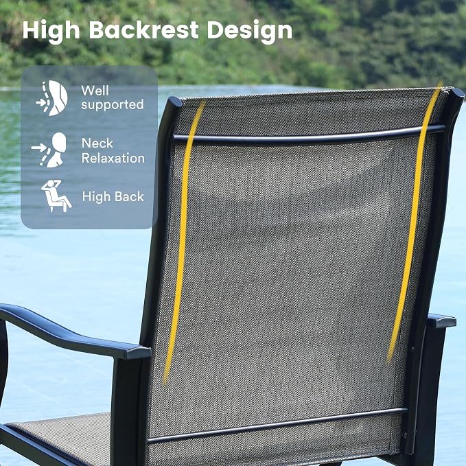 VICLLAX Patio Dining Set for 6, 7 Pieces Outdoor Furniture Includes 47.2" Round Patio Table with Umbrella Hole and 6 Outdoor Swivel Chairs for Lawn Garden, Black Tabletop and Mixed Brown Fabric