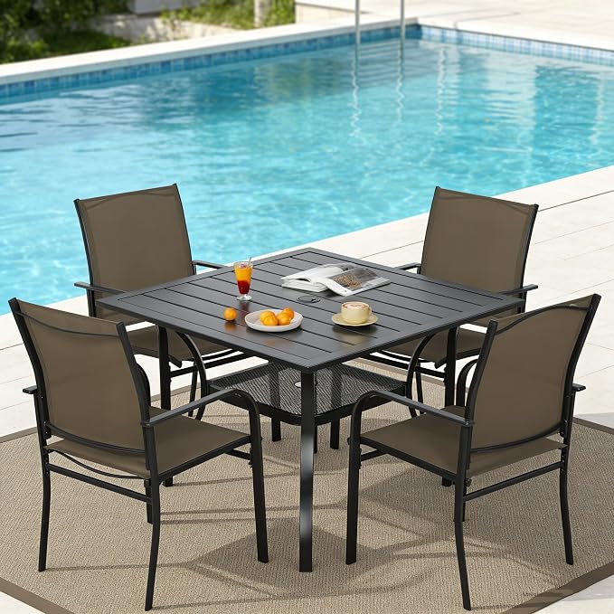 SUNCROWN 5 Pieces Outdoor Dining Set, Patio Furniture Set with 4 x Textilene Dinning Chairs and 1 Steel Slat Metal Bistro Table for Lawn Garden Backyard Deck - Brown