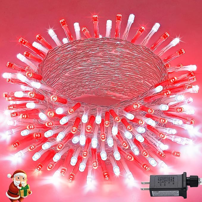 JMEXSUSS Connectable 100 LED Red and White Christmas Lights with 8 Modes | Twinkle String Lights Indoor, Clear Wire Plug-in Christmas String Lights Outdoor Waterproof for Christmas