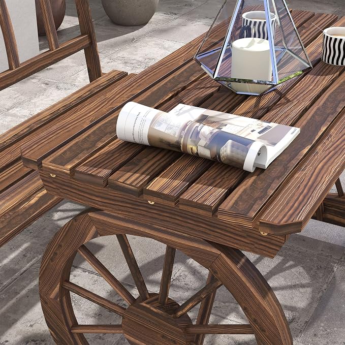 3-Piece Carbonized Pine Patio Dining Set: Wagon Wheel Table & 2 Benches (45.25" L), Rustic Outdoor Furniture for 4-Person, Rain-Ready Slatted Design