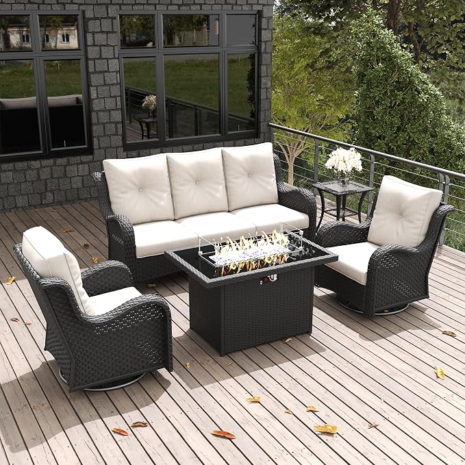 LayinSun 5 Pieces Outdoor Patio Furniture Set with Fire Pit Table, Rattan Wicker Sectional Swivel Rocker Chairs Sets with Swivel Glider Chair and Coffee Table