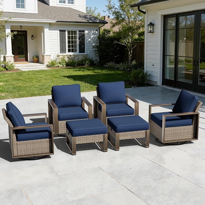 6 Pieces Metal Wicker Patio Furniture Set - Four Swivel Chairs and Two Ottomans, All Weather Rattan Outdoor Conversation Furniture with Washable Cushion for Deck Porch, Dark Blue