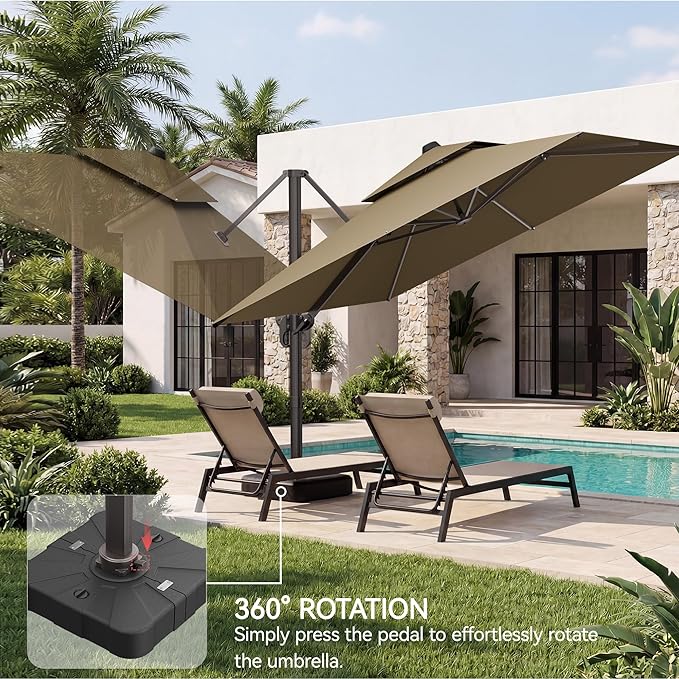 10x10 FT Patio Umbrella, Large Cantilever Double Top Heavy Duty Offset Umbrellas with 360° Rotation, Outdoor shade for Garden Deck Pool, Tan