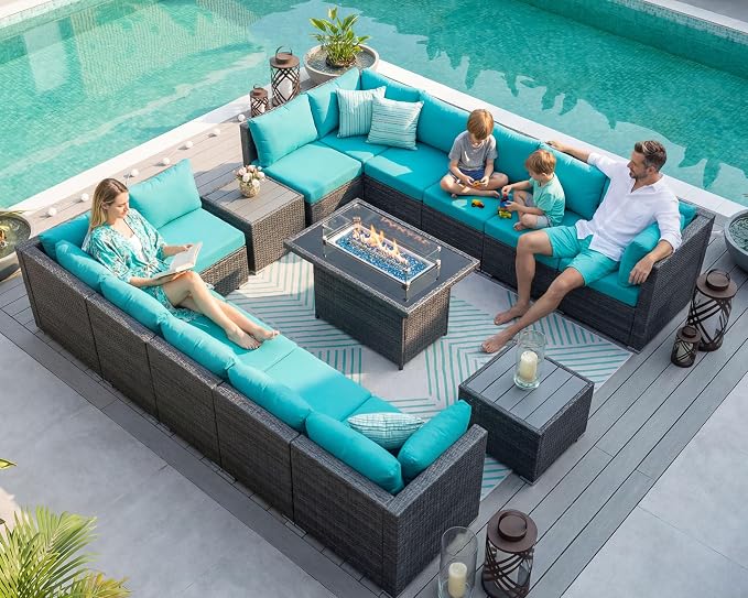 NICESOUL 15 Piece Outdoor Patio Furniture Set with Fire Pit, Extra Large Wide Outdoor Deep Seated Sectional, Cozy 29.3'' High-Back Modular Couch, 500 Lbs High Weight Capacity Wicker Sofa, Gray & Teal