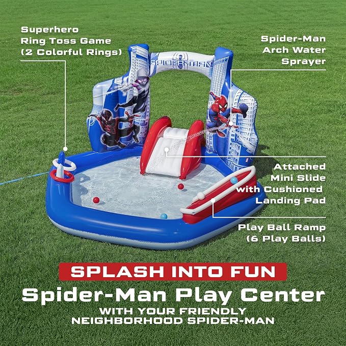 Marvel Spider-Man Inflatable Water Play Center, 6'11" x 6'9" x 50" Kids Outdoor Activity Center with Water Archway & Slide, Game, & Splash Pool