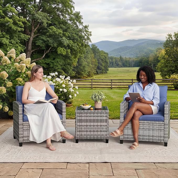 GarveeLife 3 Pieces Patio Furniture Set, PE Rattan Patio Conversation Set with Tempered Glass Tabletop, Outdoor Wicker Chairs and Table Set for Patio Balcony Garden, Grey & Blue