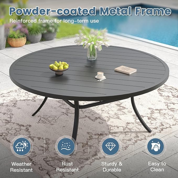 DIFY Outdoor Dining Set for 8, 9 Piece Patio Table and Chairs Set, Swivel Patio Dining Chairs with Dark Grey Textilene & 63" Black Round Metal Dining Table with Umbrella Hole, for Garden Backyard Deck