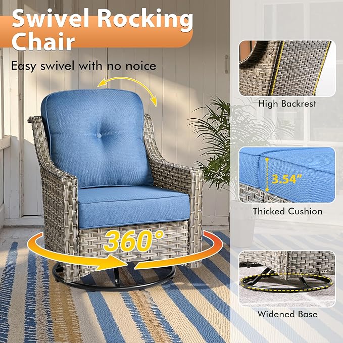8 PCS Outdoor Patio Furniture Sets,Patio Conversation Sets Outside Rattan Soft Cushion Sofa with 2 Wicker Rocking Chairs Soft Cushion Fit Backyard Porch Garden Poolside Balcony,Diamond Blue