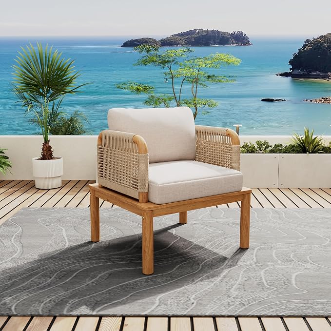 JIVOIT Outdoor Armchair, Acacia Wood and Rope Club Chair with Cushions, Mid Century Design Comfortable Single Armchair for Backyard Porch Garden Balcony