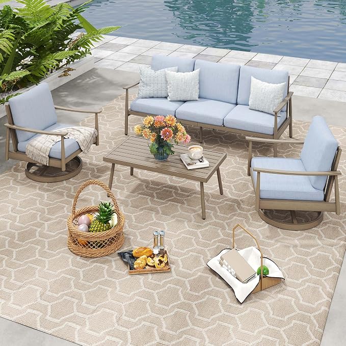 HAPPATIO Patio Outdoor Furniture Set - 4 Piece Aluminum Patio Conversation Set with 1 Coffee Table, 2 Swivel Chairs and 1 Three-Seater Sofa, Aluminum Outdoor Furniture Set for Yard Deck(Brown)