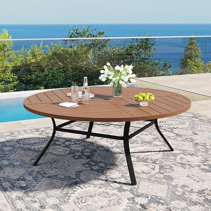 DIFY 11 Pieces Outdoor Dining Set, Metal Patio Table and Chairs Set for 10, 63" Round Dining Table with Umbrella Hole & Wicker Stackable Patio Chairs with Cushions, Walnut Tabletop