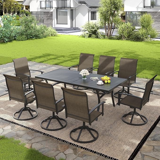 VICLLAX 9 Pieces Patio Outdoor Dining Set, 8 Swivel Textilene Chairs and 70" Rectangular Metal Table with Umbrella Hole for Porch, Deck, Garden, Black/Brown