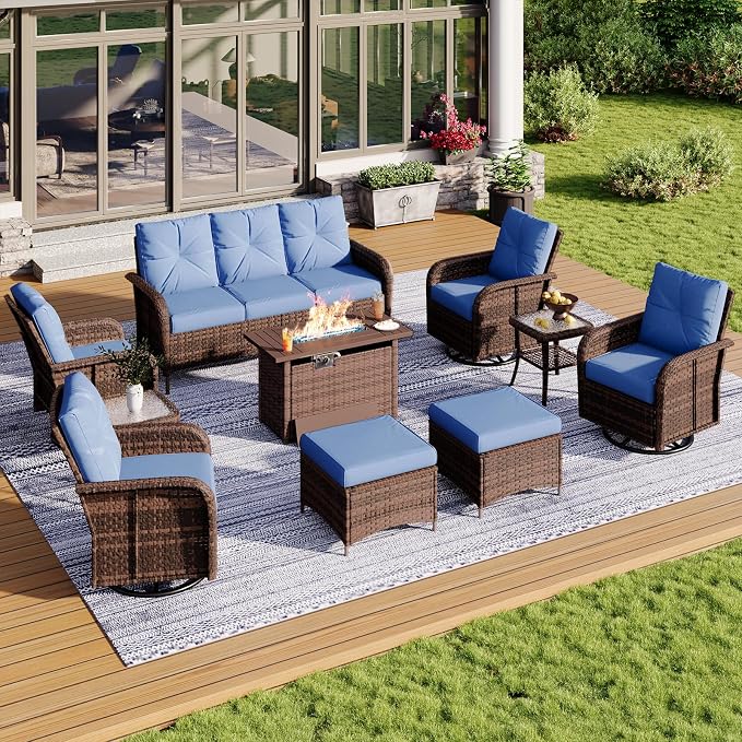 Aoxun 10-Piece Patio Furniture Set with 44” Fire Pit Table, Wicker Rattan Outdoor Sectional Sofa with High Back Swivel Rocker Chairs, Outdoor Patio Furniture Set with Thick Cushions & Ottoman, Blue