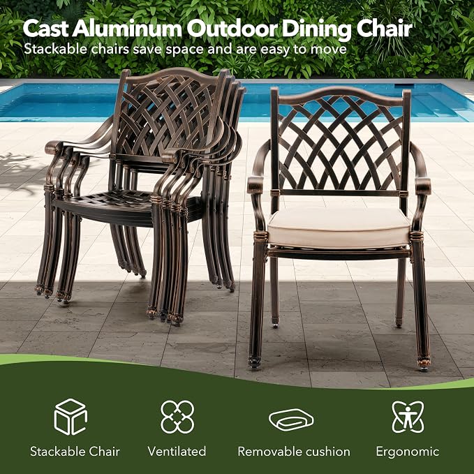 7-Piece Cast Aluminum Outdoor Table and Chairs, Classic Vintage Patio Dining Set for 6 Include 54.5" Round Dining Table and 6 Chairs with Removable Cushion and Umbrella Hole