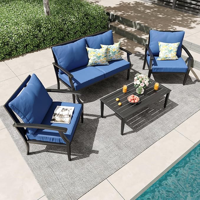 4 Piece Outdoor Patio Furniture Set, Oversized Metal Conversation Set with High Back & Deep Seating, Water-Repellent Cushions, Coffee Table for Porch, Deck, Backyard, Navy