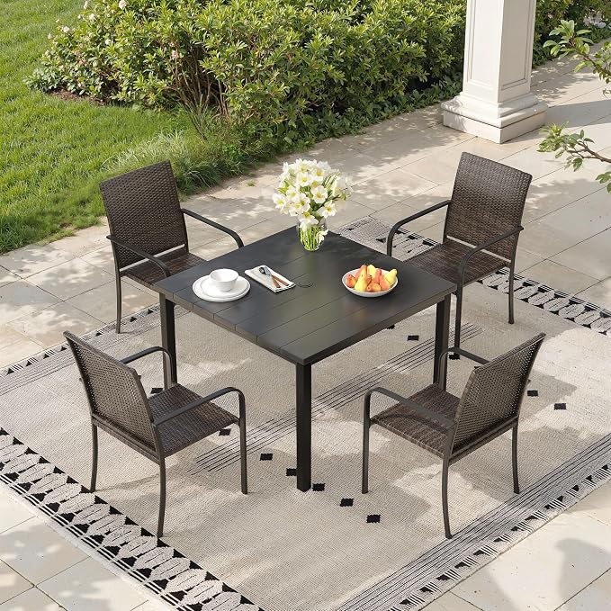Outdoor Dining Set for 4, 40.2" Metal Square Outdoor Dining Table with Umbrella Hole and Wicker Stackable Patio Chairs, 5 Pieces Patio Table and Chairs Set for Garden Backyard, Black