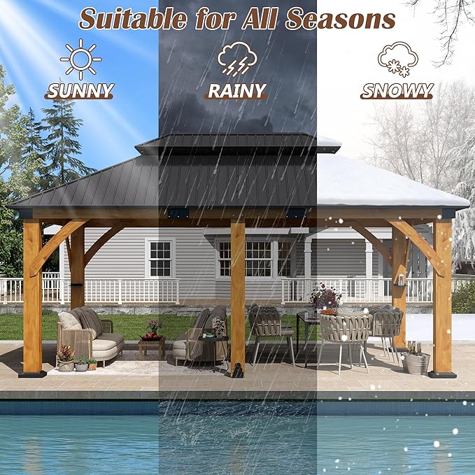 12' x 20' Upgraded Wood Gazebo, Spruce Wooden Gazebo with Double Galvanized Steel Roof, Outdoor Wooden Hardtop Gazebos for Deck, Backyard