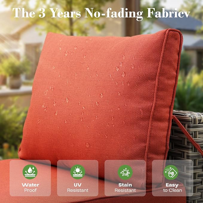 5 Piece Outdoor Patio Furniture with Glowing Coffee Table, Rattan Wicker Conversation Set with Sofa, Sectional Single Chairs for Outside Porch Balcony Backyard Pool,Orange
