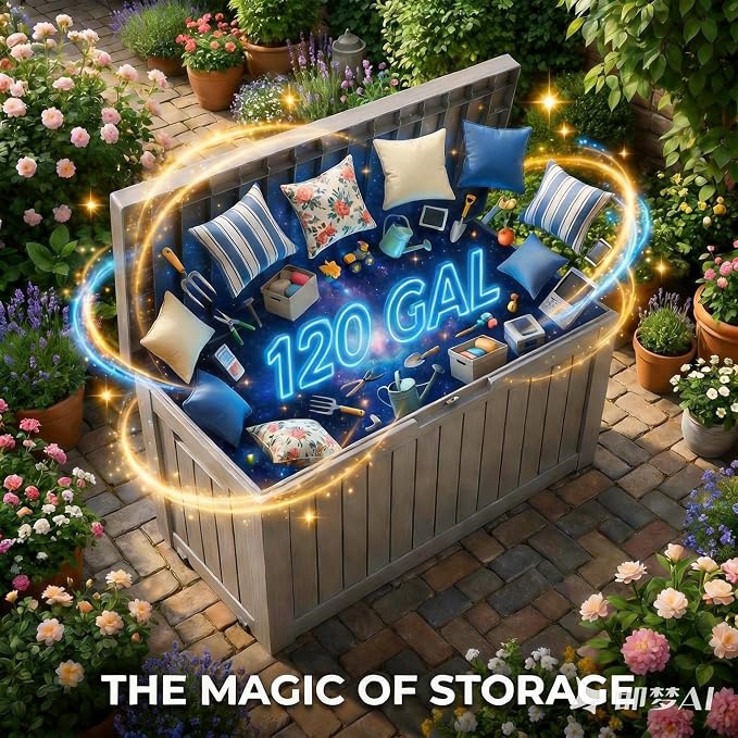 LAUSAINT HOME 120 Gallon Outdoor Deck Box, Waterproof Resin Storage Box with Lock, Patio Cushion Storage, Garden Tool Organizer, Pool Storage Container, Outdoor Storage Bench,Black
