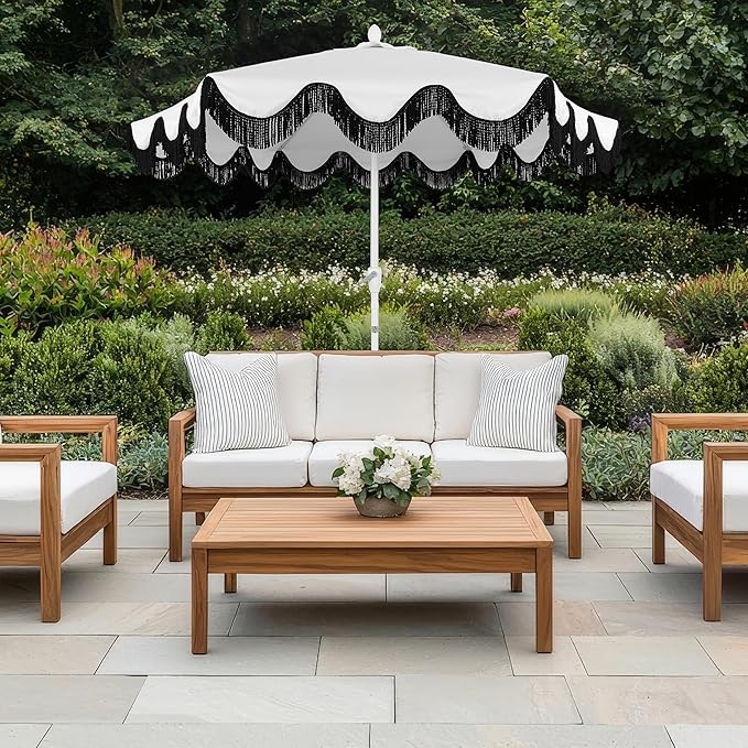 Eyely BMU1001 Halden 9 ft. Classic Cottage Tassel Market Patio Umbrella with Auto-Tilt, Crank