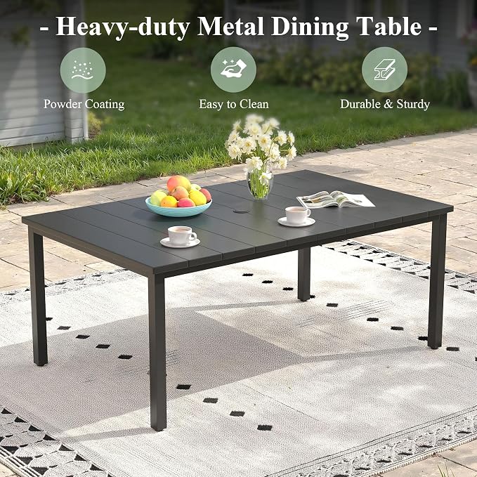 6 Pieces Patio Dining Set for 6-7 People, 63" Rectangular Patio Dining Table and Chairs Set with Outdoor Bench for Garden Deck, Black