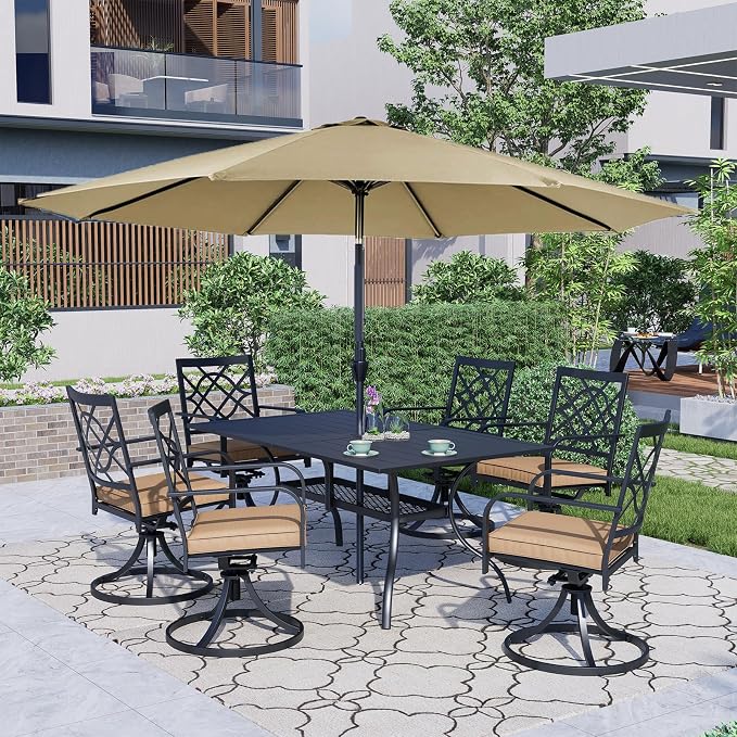 Crownland 7 PCS Furniture Patio Dining Set, 6 Swivel Metal Chairs and Rectangular Outdoor Dining Table with Khaki 9FT Round Outdoor Umbrella (Metal Tabletop)