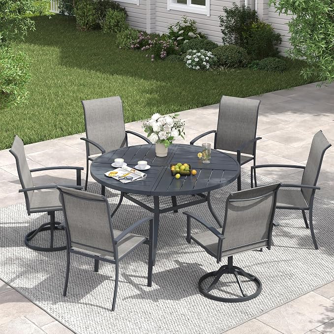 VICLLAX 7 Pieces Patio Dining Set for 6, 47.1" Round Outdoor Table and Chairs (4 Patio Fixed Chairs and 2 Swivel Chairs) for Deck Garden, Dark Grey