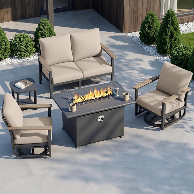 Aluminum Outdoor Patio Furniture Set with Swivel Rocking Chairs 9-Seat, Patio Sectional Sofa Patio Conversation Set with 55,000 BTU Fire Pit Table High Backrest & Thickened Cushions, Sand