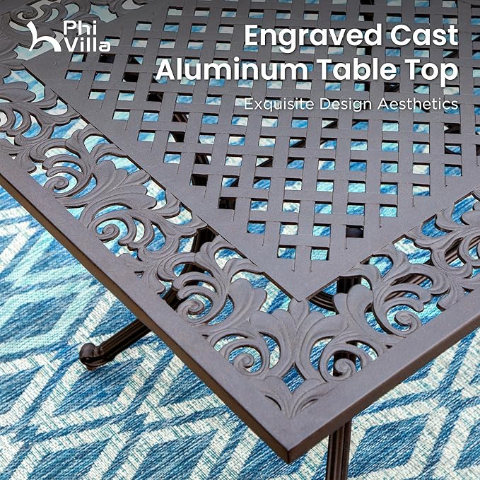 PHI VILLA Cast Aluminum Patio Dining Set for 6, 7 Pieces Outdoor 63" Heavy-Duty Table with Umbrella Hole & Fixed Swivel Chairs Combo with Cushions, Large Outside Furniture Set for Deck, Porch - Brown