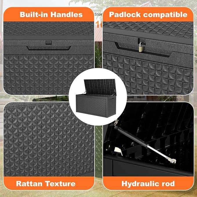 Vixzen 110 Gallon Deck Boxes Outdoor Waterproof, Large Resin Lockable Storage Box with lid for Patio Furniture Cushions, Weatherproof Outdoor Storage Boxes for Garden Tools & Pool Accessories(Black)