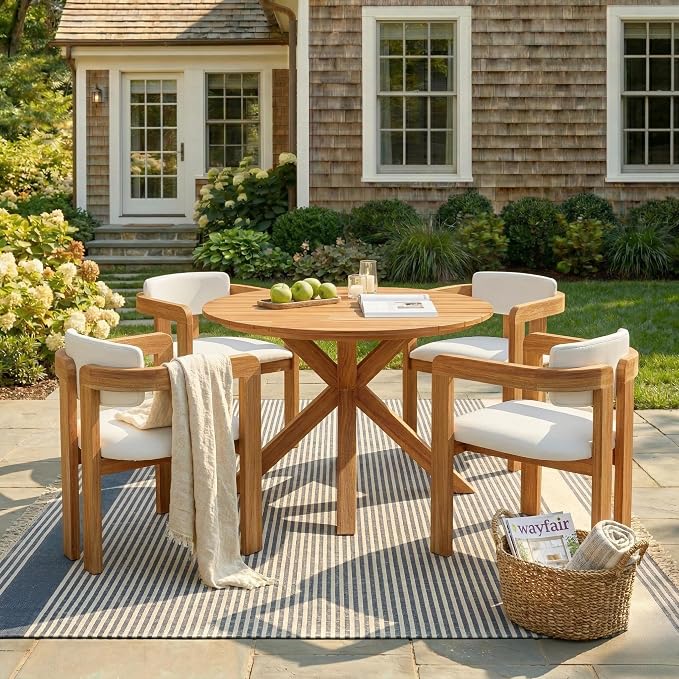 Outdoor Patio Furniture Set of 5, Acacia Wood Round Dining Set with 4 Barrel Chairs & Non-Removable Cushion, 5-Piece Patio Furniture for Backyard Deck Poolside, Natural + Beige