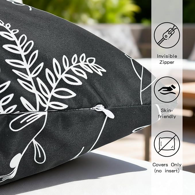 Black Floral Outdoor Pillow Covers 12x20 Inch Set of 2 | Waterproof Throw Pillow Cover, Summer Decorative Outdoor Cushion Cases for Patio Garden Beach Tent Balcony Couch Sofa