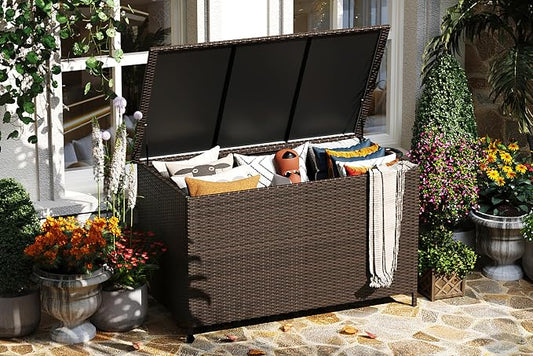 185 Gallon Outdoor Deck Box with Wheels, Waterproof PE Wicker Rattan & Aluminum Frame Storage Bin for Patio Cushions, Garden Tools, Pool Toys, Lockable Patio Furniture(Brown)